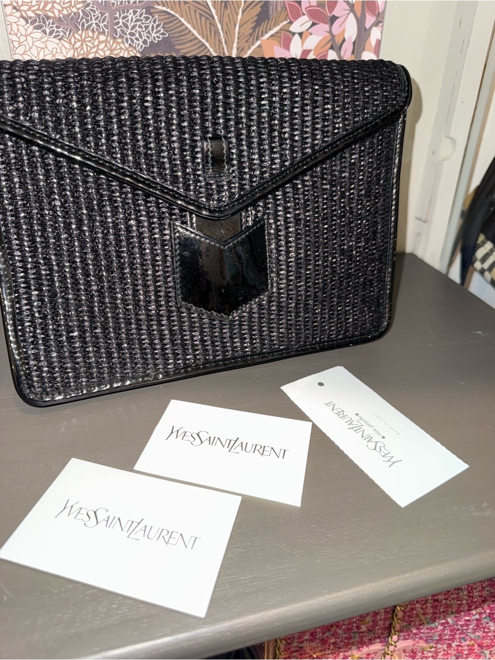 Saint Laurent Black Woven Envelope Clutch with Glossy Trim